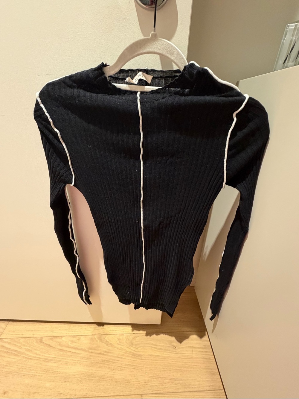 Celine Black Ribbed Long-Sleeve Top with White Contrast Piping